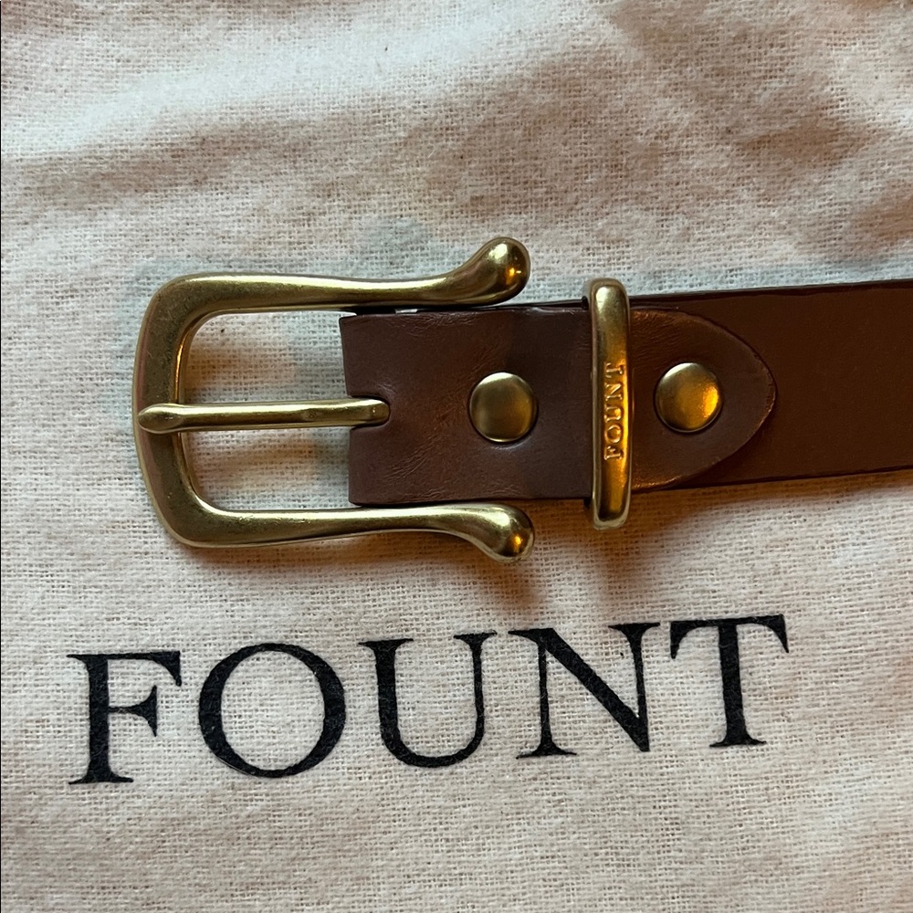 Fount Brown Leather Belt with Signature Gold Buckle (Size 37) - Picture 2 of 3